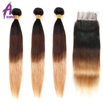 

Alimice Blonde Human Hair Bundles With Closure 3 Bundles With Lace Closure 1B/4/27 Ombre Blonde Indian Straight Hair Remy