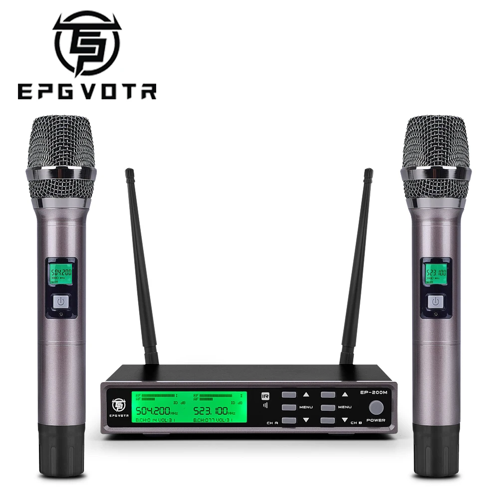 EPGVOTR – système de Microphone sans fil EP-200M UHF, avec effet ECHO,  triple basse, 200 canaux, 100 mètres, double micro portable entièrement en