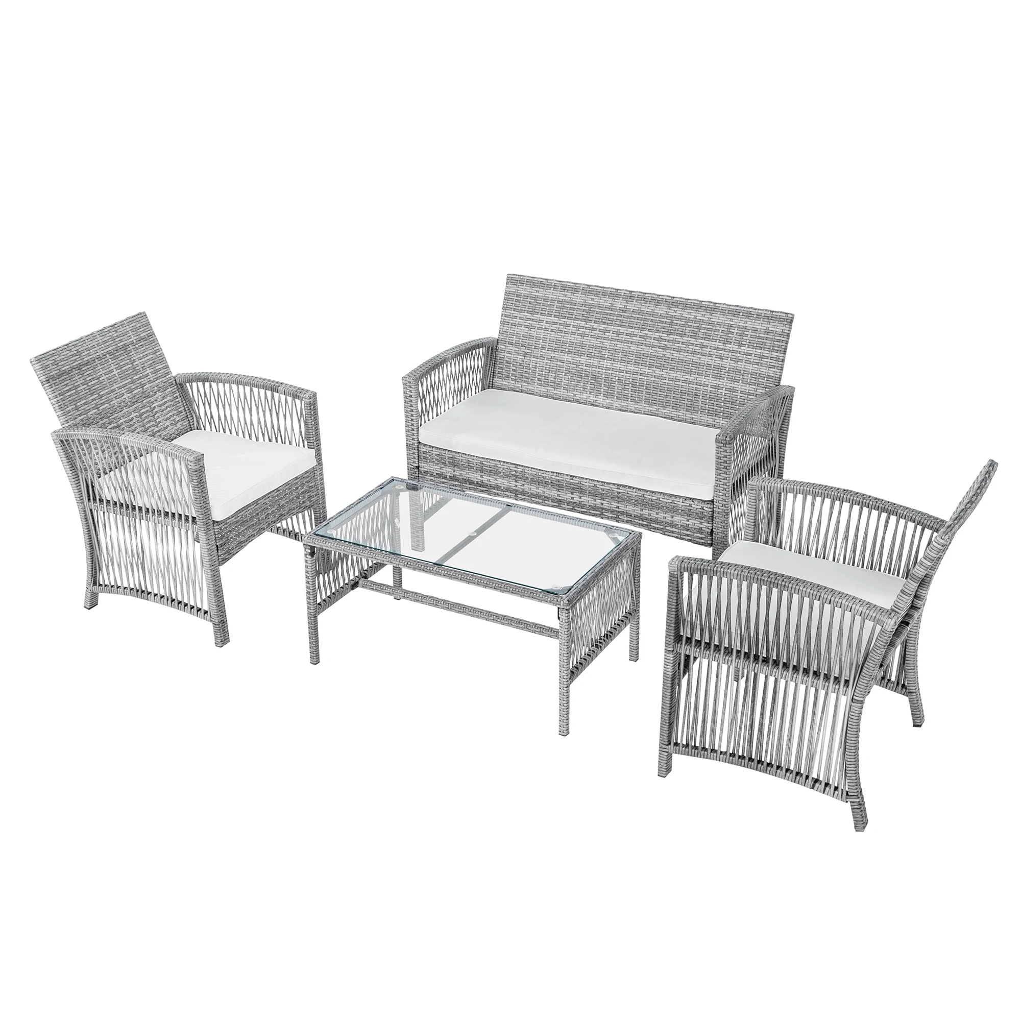 4Pcs Outdoor Patio Furniture Set 3 Rattan Chair Sofa &1 Coffee Table for Garden Backyard Porch&Poolside Gray[US-Stock] outdoor patio furniture