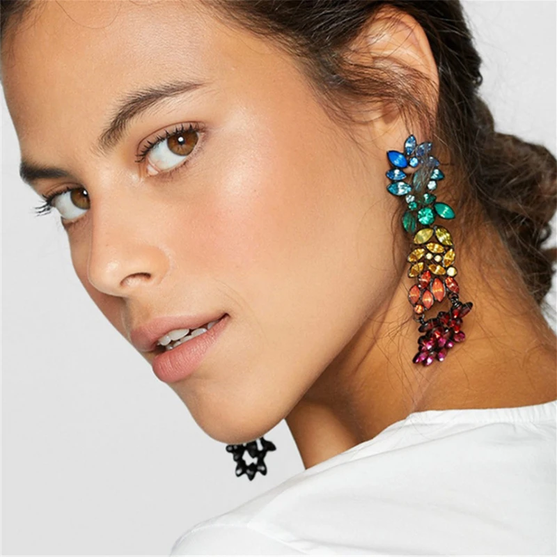 

Yhpup Trendy Multi-color Flower Long Dangle Earrings Rhinestone Crystal Luxury Oorbellen Women Wedding Jewelry Gift kolczyki
