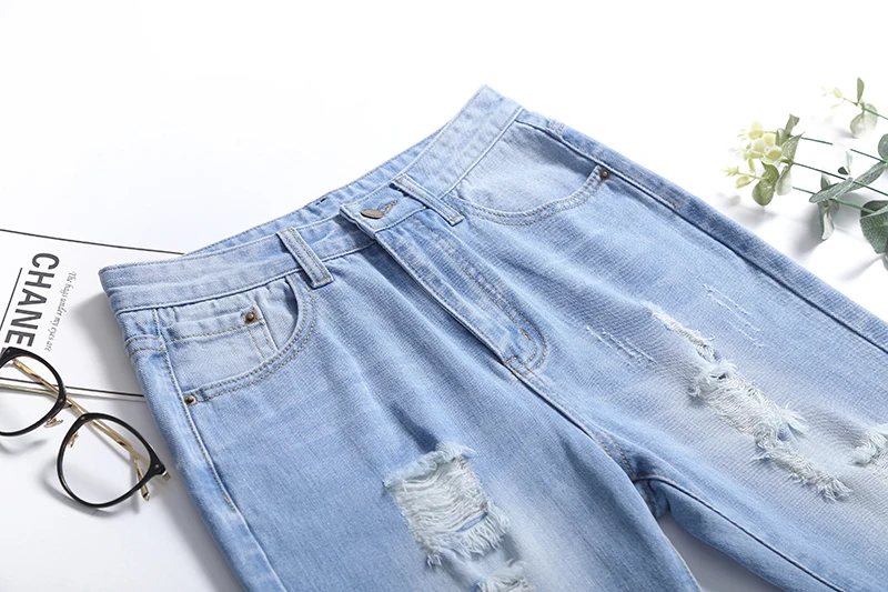 Fashion Holes High Waisted Mom Jeans Retro Solid Washed Denim Scratched Straight Plus Size Pants Women Ankle Length Trousers