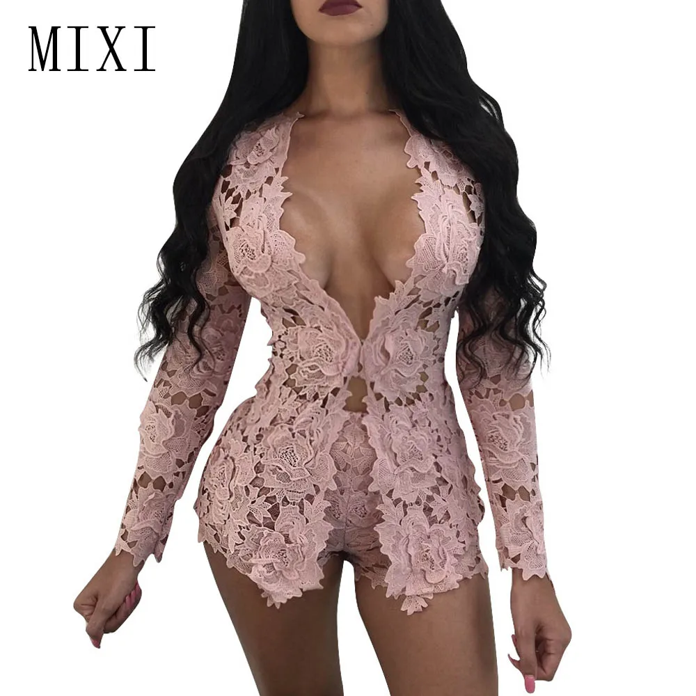 Pink MIXI осенний Элегантный цветочный кружевной комбинезон с длинными рукавами, с вырезами, обтягивающий короткий сексуальный комбинезон для женщин - Цвет: Pink