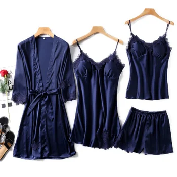 

Women Faux Silk Dressing Gown 4 Piece Sexy Pajamas Set Lace Sling Shorts Summer Robe Sleepwear Autumn Winter Warm Home Sleepwear
