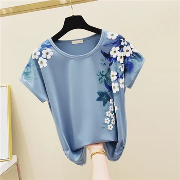 

Stereo Flower Printed Pure Cotton Short Sleeve T-shirt Women's 2020 Summer Wear Loose-Fit Ethnic-Style Tshirt Ladies Tops Tees