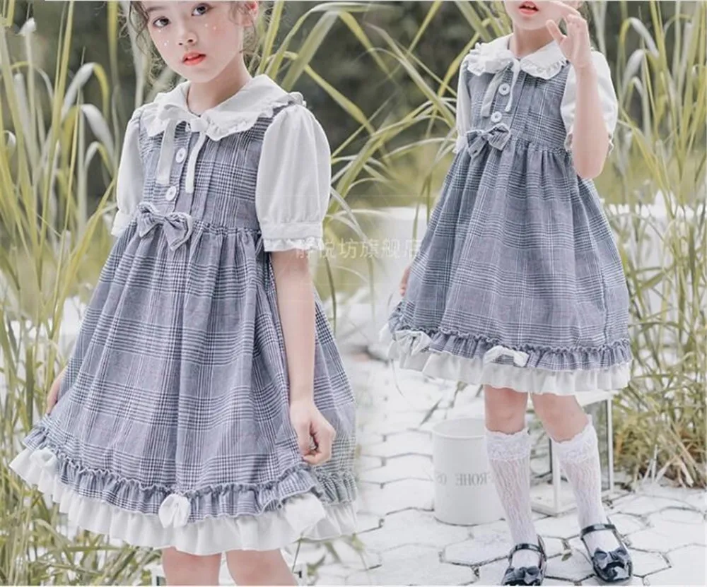 Sweet lolita dress vintage bowknot high waist short/long sleeve lattice victorian dress kawaii girl kids B817