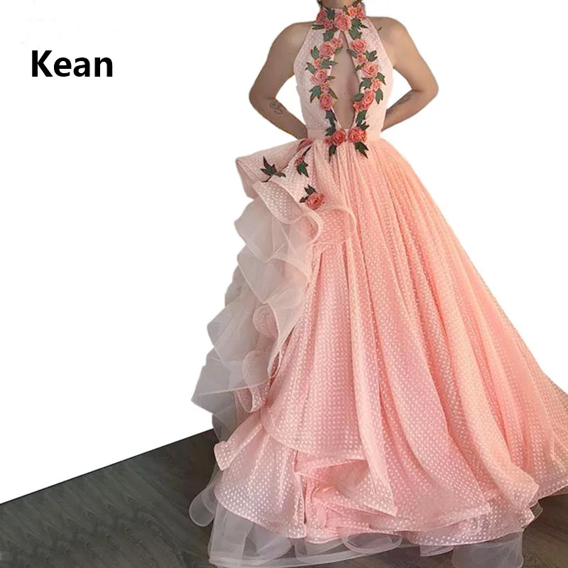 

Peach Evening Dress High neck 3D Flower Asymmetry vestidos Slit robe soiree Islamic Dubai Kaftan Saudi Arabic Prom Dress