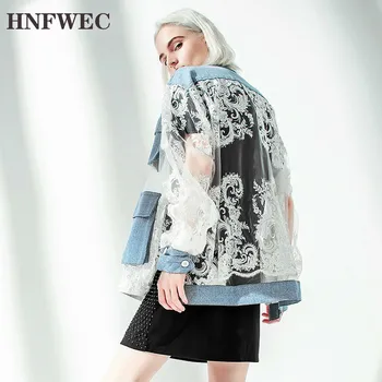 

Summer Vintage Perspective Lace Patchwork Denim Women Coat Stand Collar Long Sleeve Button Pockets Slim Female Jacks E217