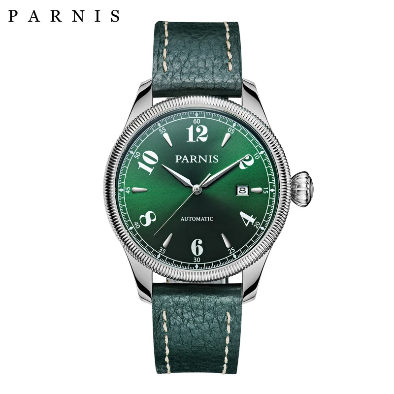 

Fashion Parnis 42mm Men's Automatic Mechanical Watches Green Leather Men Watch Date Sapphire Calendar Clock horloges mannen 2019