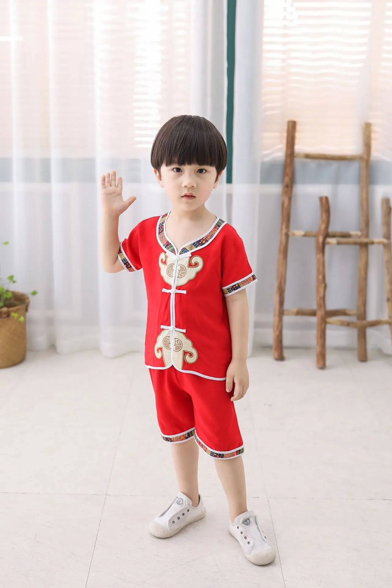 Summer New Style Chinese-style Childrenswear Short Sleeve Set Children Chinese Costume Chinese Clothing Good Luck Cotton BOY'S