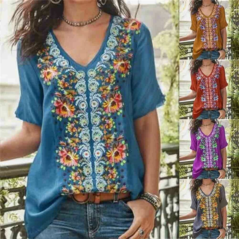 Новые Boho женские винтажные блузки сексуальные V шеи цветочные свободные Облегающая рубашка Топ женские топы с коротким рукавом Блузки пуловер Плюс Размер