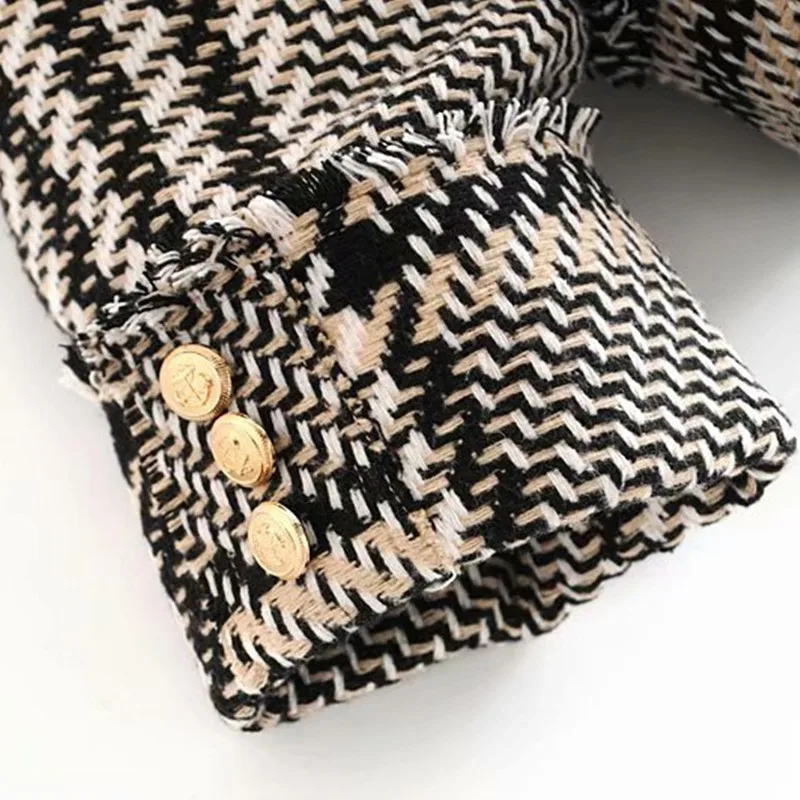 NSZ Женская твидовая куртка с узором «гусиная лапка», шерстяное клетчатое пальто с длинными рукавами, верхняя одежда с кисточками, верхняя одежда на осень и зиму