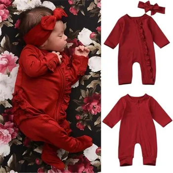 

0-24 Months Toddler Baby Girls Rompers Solid Red Long Sleeve Cotton Romper For Newborns Jumpsuit Outfit Baby Girls Clothes