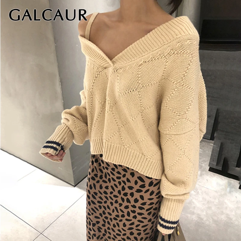 

GALCAUR Casual Off Shoulder Women's Sweater Slash Neck Long Sleeve Plus Thick Pullovers Female Korean 2019 Winter Fashion New