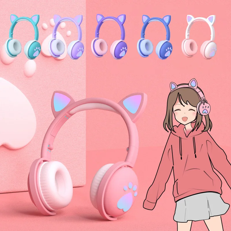 Kids Bluetooth Headphones Cute LED Wireless Headset With Mic HIFI Stereo Earphones Support TF Card for Mobile Phones Girl Gift