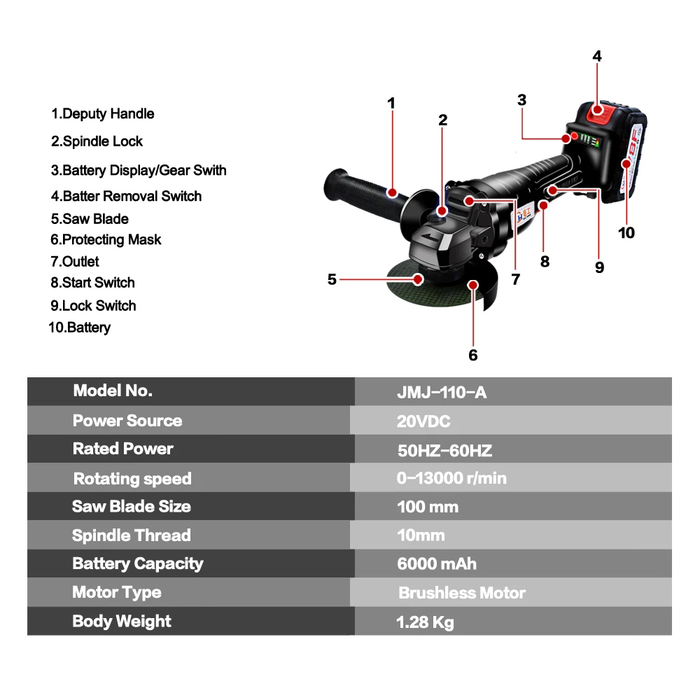 Беспроводная угловая шлифомашина 20 в литий-ионный 6000 мАч шлифовальный станок для резки электрического углового шлифовального станка шлифовальный электроинструмент для дома DIY