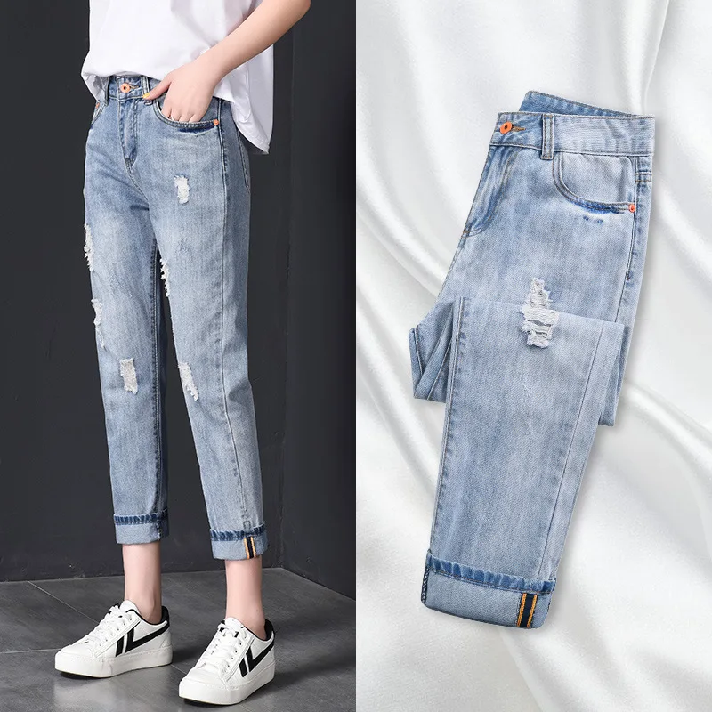 Jeans woman Pencil Pants Stretch Hole High Waist Slimming Ankle-Length Pants Women Jeans 2020 Summer
