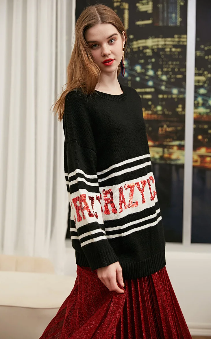 Vero Moda Woomen осенне-зимний полосатый свитер средней длины с принтом букв | 318413565