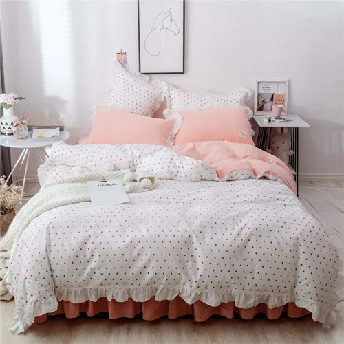 star pink red Корейский стиль, постельное белье с оборками, набор, хлопок, стирается, Комплект постельного белья, летнее сердце, пододеяльник, постельное белье в полоску, клубника, серый, белый - Цвет: star pink red