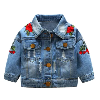 

Toddler Baby Girl Long Sleeve Rose Embroidery Windproof Hole Denim Coat Outwear high quality dropshiping W1127