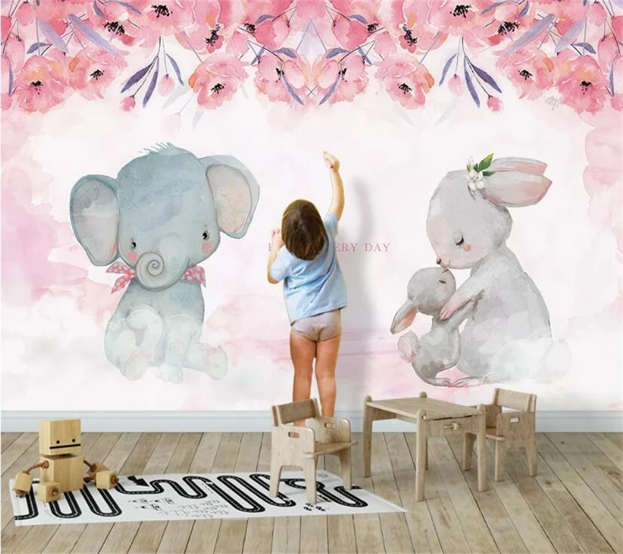 3D фотообои на заказ розовый слон кролик детская комната украшение картина