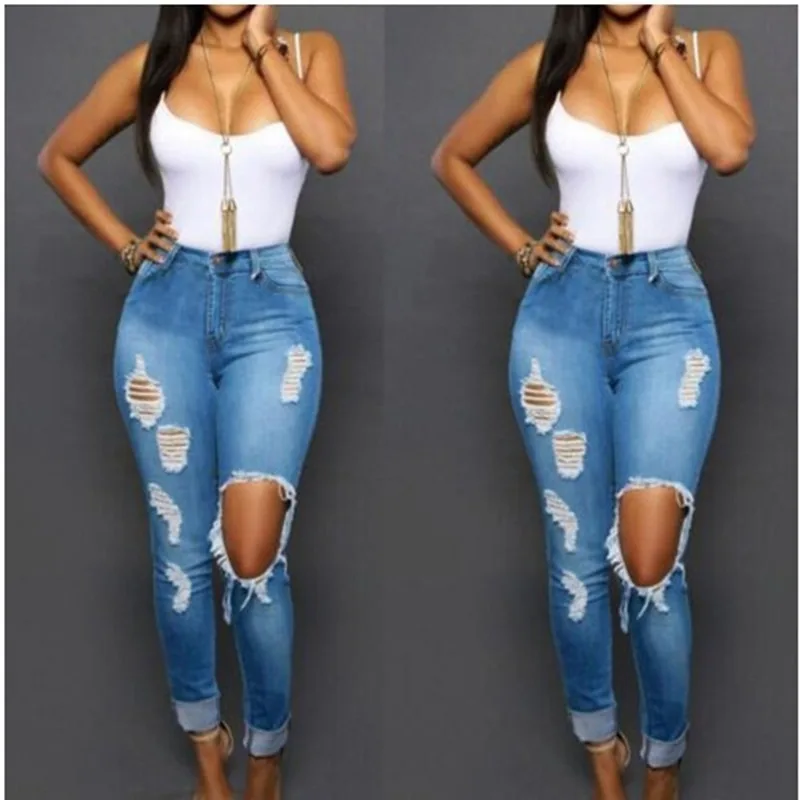 

Ultra Stretchy Blue Tassel Ripped Jeans Woman Denim Pants Trousers for Street Style Women Pencil Skinny Jeans
