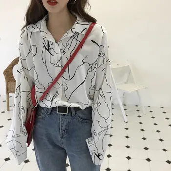 

Printed fashion shirt Streetwear Turn Down Collar Long Sleeve Shirt Fashion Personality Printed Blouse Women Loose Casual shirt