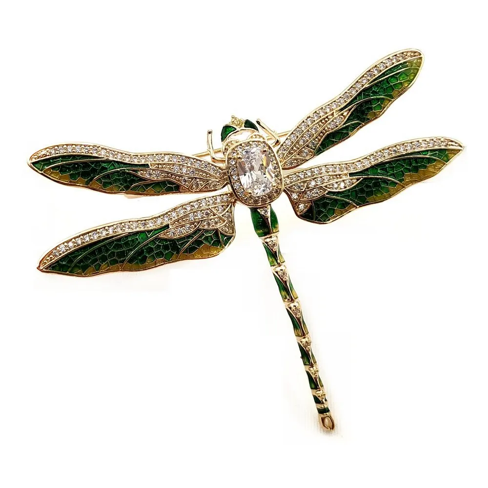 Vintage Green Enameled Oversize Dragonfly Brooches Gold Tone Micro Pave Crystal Winged Big Dragonfly Pins Unisex Insect Jewelry