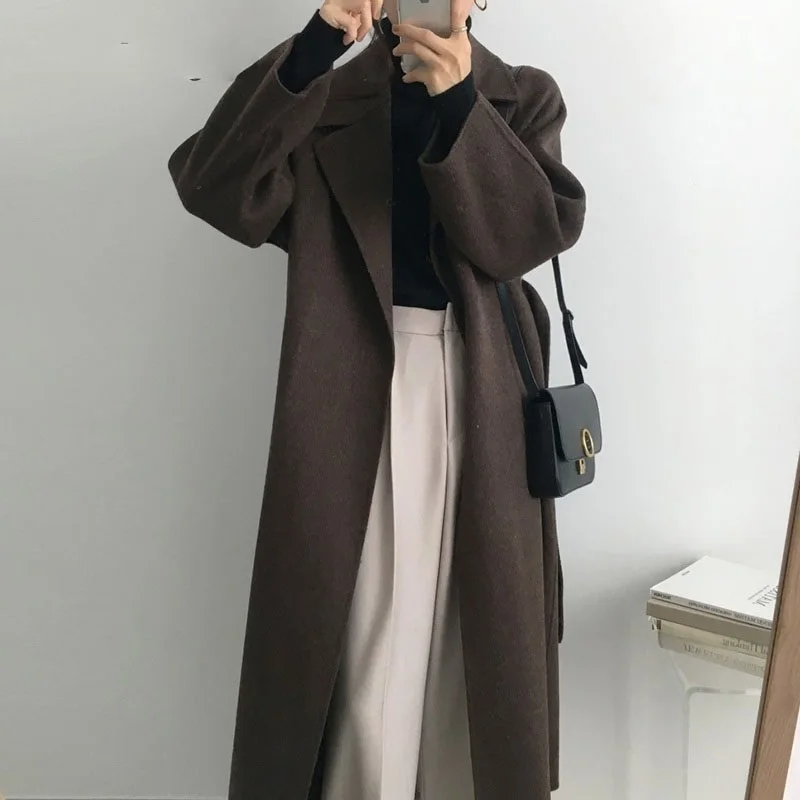 long duvet coat Women Elegant Long Wool Coat With Belt Solid Color Long Sleeve Chic Outerwear Ladies Overcoat Autumn Winter 2020 maxi puffer coat