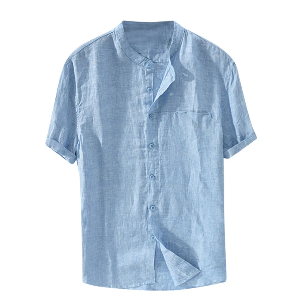 Европа и США Мужская рубашка с коротким рукавом Свободная летняя тонкая дышащая хлопковая и льняная рубашка с воротником, мужская