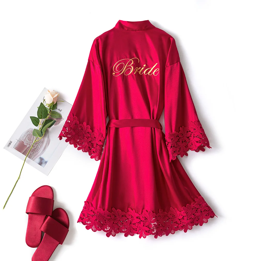 White Bride Bridesmaid Wedding Robe Satin Bathrobe Women Lace Patchwork Sleepwear Intimate Lingerie Sexy Nightdress Kimono Gown