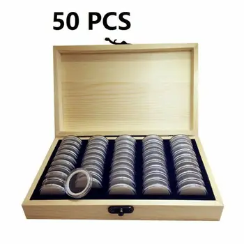 

50 Coin Storage Boxes Adjustable Antioxidative Collection Case Home Simple Commemorative Container Wooden Display Capsules