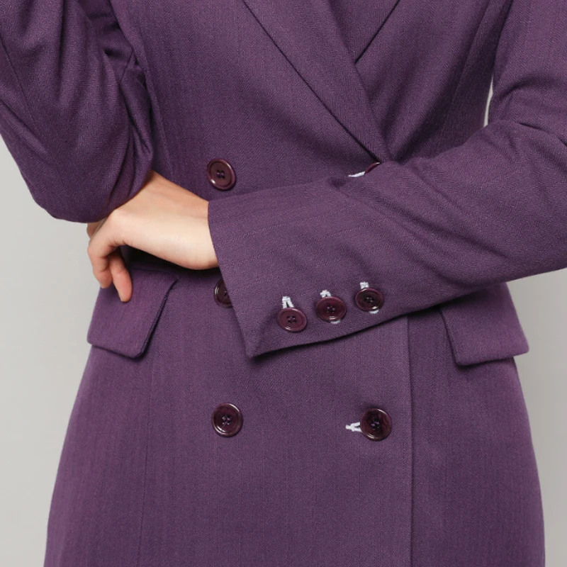 QoerliN Pants Suits Women Purple Long Sleeve Blazer Double Breasted Jacket Skinny Straight Pants Full Length 2 Piece Office Wear
