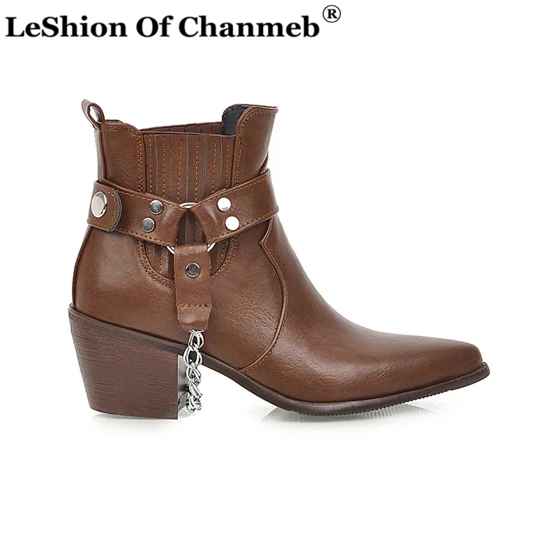 

Plus Size 48 Pointed Toe Booties Punk Metal Chain Multi-strap Chelsea Boots for Women Autumn Shoes Ladies Short Western Boots