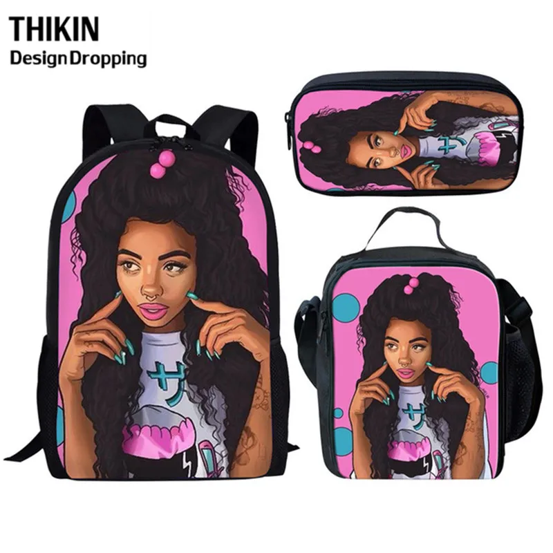 2 THIKIN Back To School черный искусства АФРИКАНСКАЯ ДЕВУШКА культуры школьные сумки для детей 3 шт./компл. школьный рюкзак школы детская книга Сумка Softback - Цвет: 2