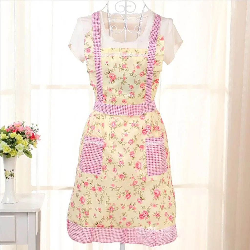 Flower Printed Women Lady Restaurant Home Kitchen Aprons For Pocket Unisex Cooking Cotton Cleaning Apron