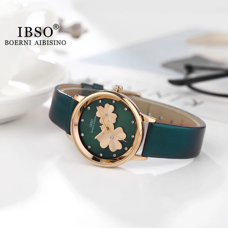 IBSO Clover 3D Luxury Green Women Watches Stainless Steel/Leather Strap 3 Color Options Flower Geneva WristWatch Ladies Gifts