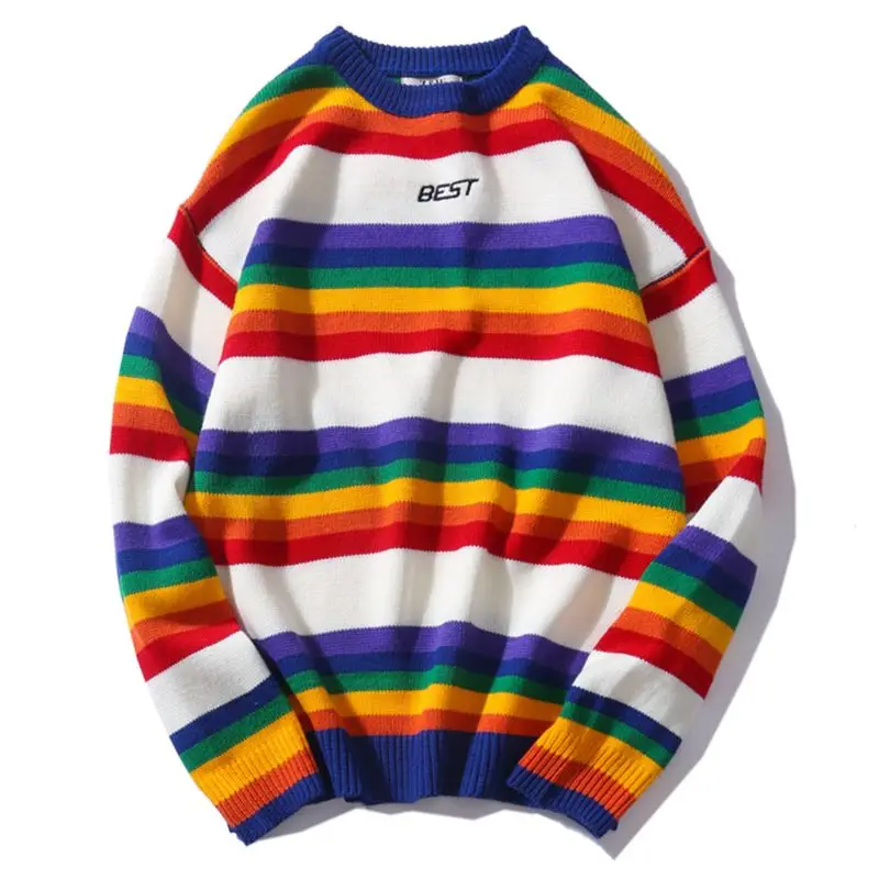 

Men Women Oversized Sweater Rainbow Striped Round Neck Stitching Color Casual Style Long Sleeve Pullover Tops