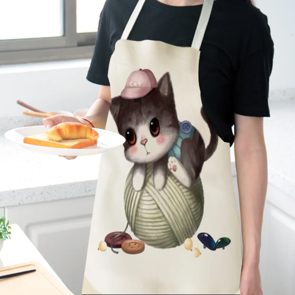 Cat Animals Printed Kitchen Aprons for Women Kids Sleeveless Dolphin Elephant Cotton Linen Bibs Cooking Baking Cleaning Tools