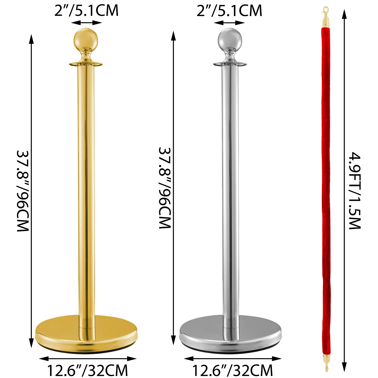 VEVOR 38Inch Gold Silver Stanchion Posts Queue Red Velvet Rope Crowd Control Line Barriers with Stable Base for Party Supplies