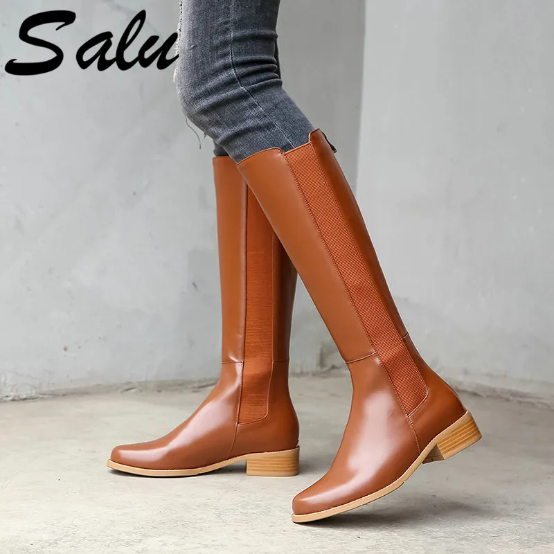 

Salu Brand Knee High Boots Women Warm Autumn Winter Long Motorcycle Boots for Women Genuine Leather Low Heels Shoes Woman