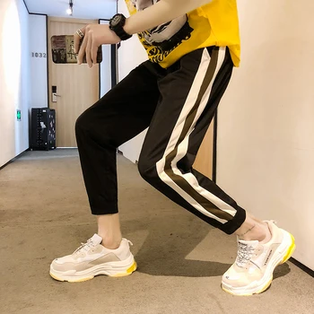 

2019 Men's Fashion Stripe Printing Casual Pants Leisure Sports Pants Bound Feet Trousers Active Elastic Joggers Sweatpants M-2XL