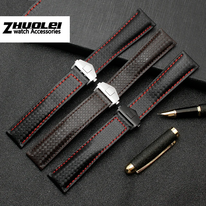 Textura de Fibra de Carbono Couro Genuíno Pulseira Inferior para a Marca Pulseiras Cintas Masculinas 19 mm 20 mm 22 mm com Fivela Dobrável - Image 3