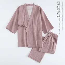 Cotton Kimono Pink Solid V Neck Pajamas Pijama Hombre Verano Japanese Robe Kimono Vintage Roomwear 2 Piece Pajama Set