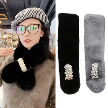 

Korean Womens Winter Thicken Fluffy Plush Cross Collar Scarf Jewelry Imitation Pearl Buckle Solid Color Wrap Around Neck Warmer