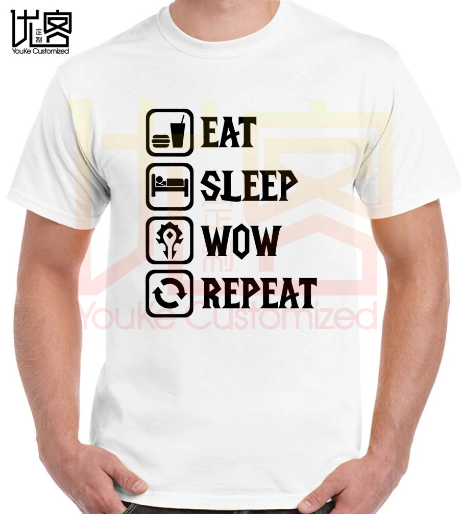 Футболка с надписью Eat Sleep Wow Repeat футболка World Of Warcraft мужская и женская из 100% хлопка