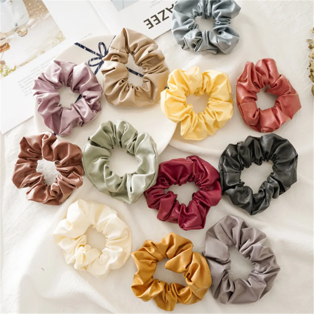 

1PC Women PU Hair Scrunchies Elastic Hair Rope Ties Solid Color Ponytail Holder Women Headwear Hair Accessories 2019 NEW