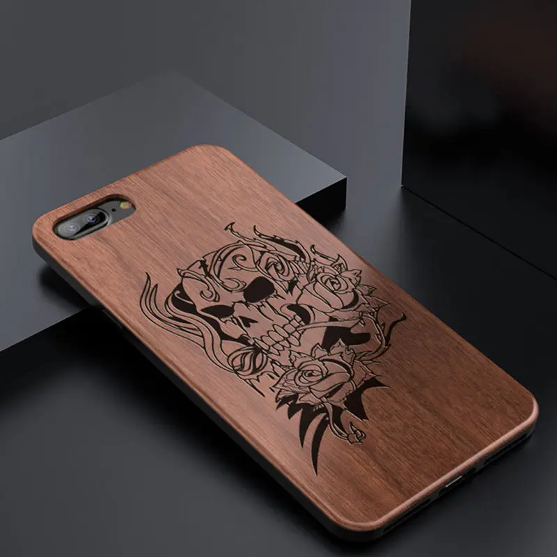 

Retro Wood Phone Case For iPhone 6 6S Art Engraving Skull Pattern Soft Cases Real Wooden Cover Cases For iPhone 6 6S 7 8 Plus