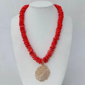 

23" Orange Disc Coral Necklace CZ Pave Pendant
