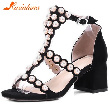 

Karinluna New Arrivals Top Quality Chunky High Heels Summer Sandals Woman Shoes Buckle Strap String Bead Shoes Women Sandals