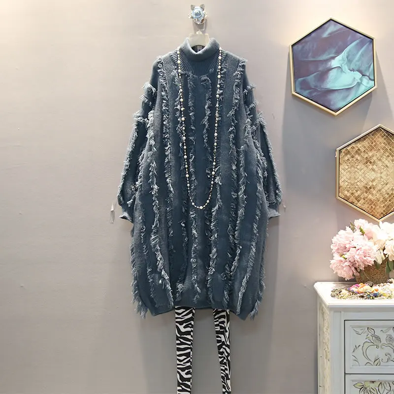 XITAO, корейский стиль, платье с бахромой размера плюс, водолазка, вязанные женские платья, модная женская одежда, осень-зима, DMY1424